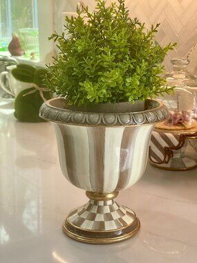 MacKenzie-Childs Mocha Stripe Tabletop Urn Planter w/ Mini Boxwood- Café Luxe